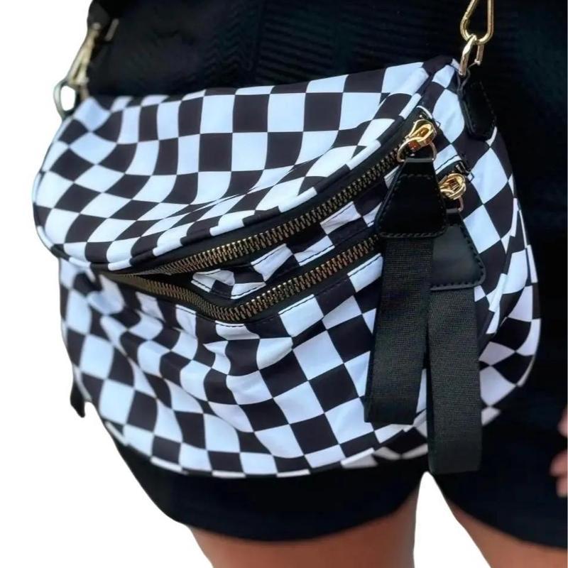 Black and White Checkered Nylon Bum Bag PlusSize Friendly Fanny Pack Crossbody-SpaciousDesign for Essentials-MORE COLORS! great gift