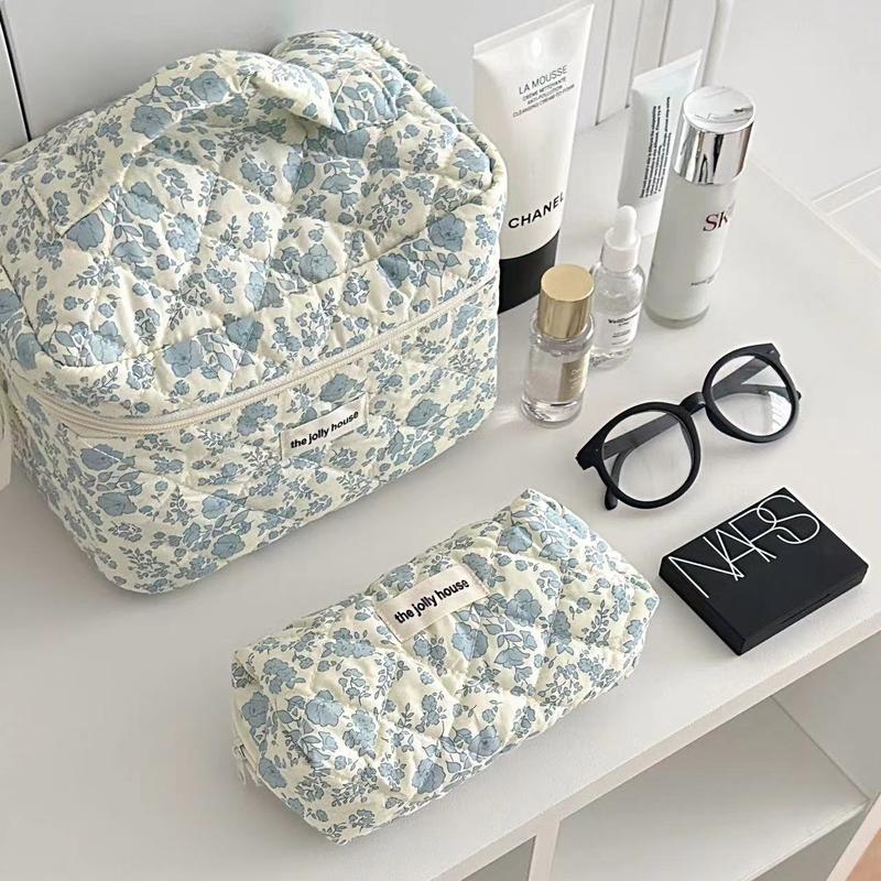 3Pcs Cotton Quited Makeup Bag Set, Quilted Makeup Bag, Large Floral Cosmetic Bag for Women, Cute Cotton Makeup Bags, Flower Travel Toiletry Organizer Bag makeupbag set lip balm