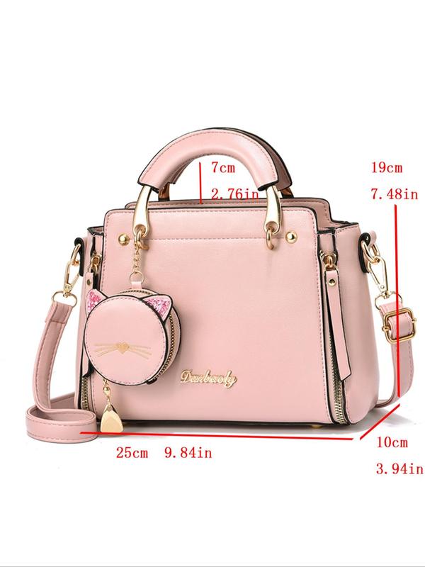 Cute Cat Charm Tassel Decorated Handbag & Coin Purse, Fashion Large Capacity Shoulder Bag & Coin Purse for Daily Used, Casual Trendy Versatile Commuting Bag