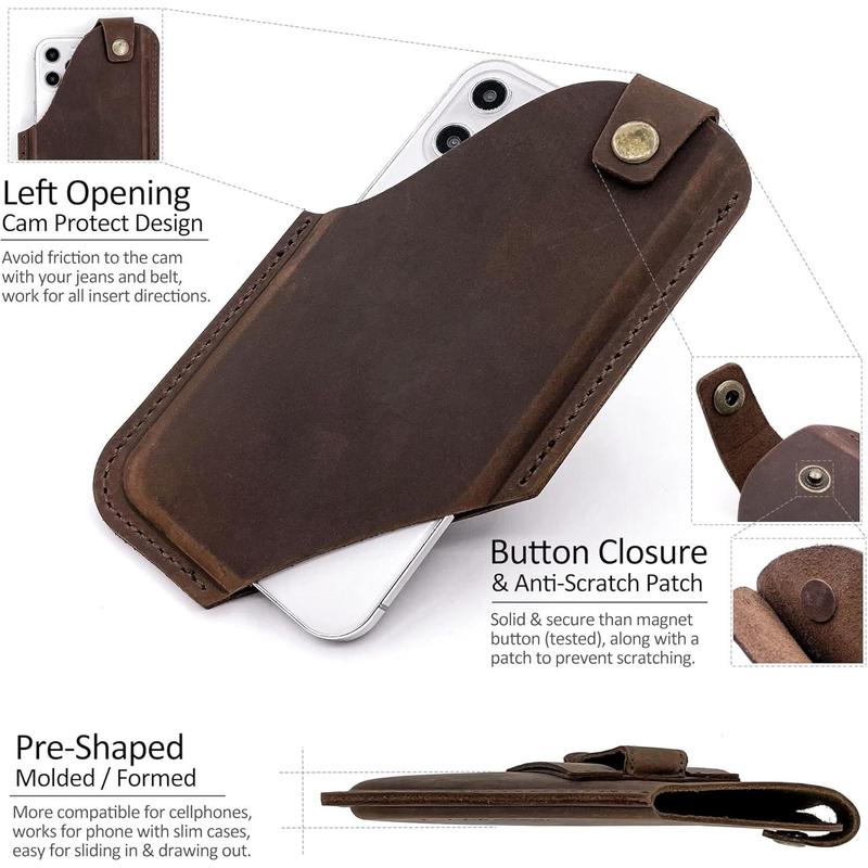 Leather Cell Phone Holster with Belt Clip, Leather Belt Phone Pouch, Universal Leather Phone Case on Belt, Phone Holder for , Cell Phone Sheath Large Dark Brown