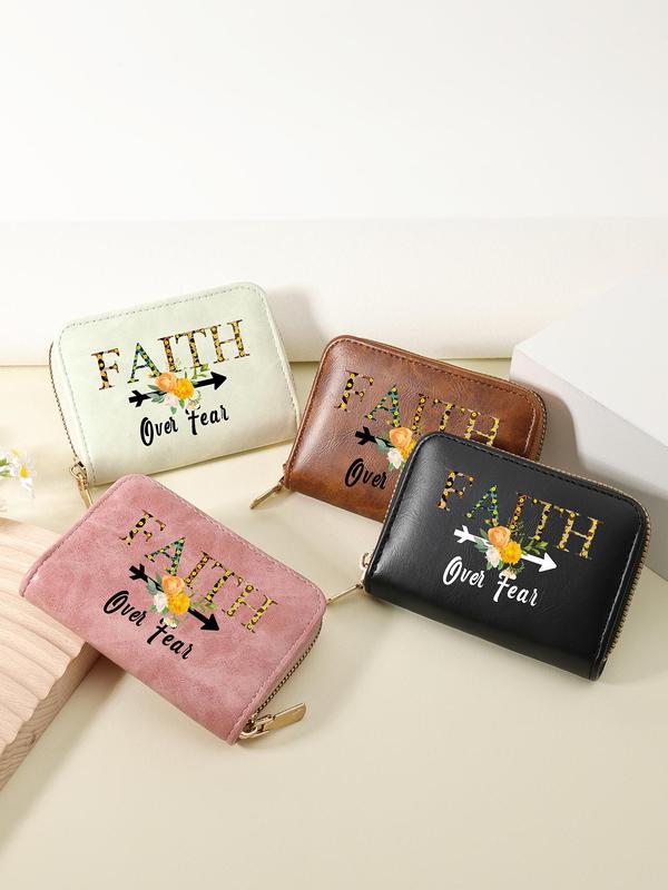 Fashion Letter & Flower Pattern Card Holder, Casual Versatile Zipper Card Holder for Women & Girls, Trendy All-match Short Wallet for Daily Use