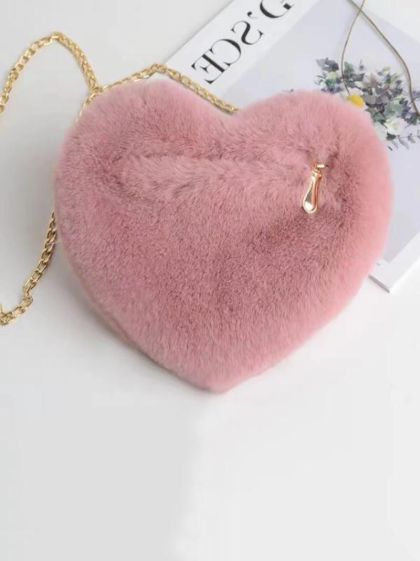 Women's Heart Shape Crossbody Bag, Fashion All-match Chain Strap Fluffy Crossbody Bag, Stylish Novelty Heart Shaped Plush Crossbody Bag for Daily Use Gift for Girlfriend