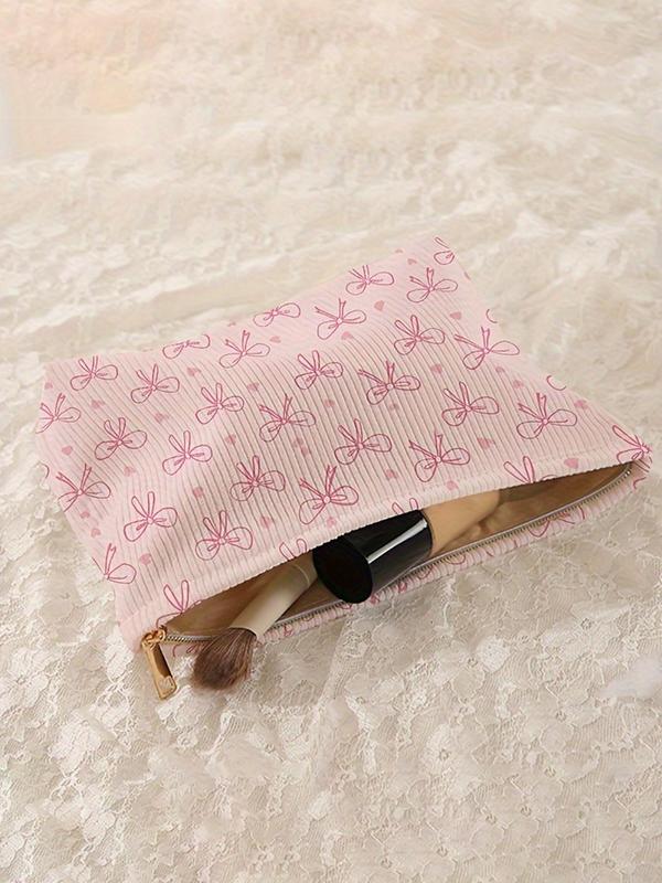 Cute Bow & Heart Pattern Corduroy Makeup Bag, Lightweight Portable Toiletry Bag, Multi-functional Storage Bag, Travel Makeup Bag, Suitable for Leisure Travel and Various Occasions