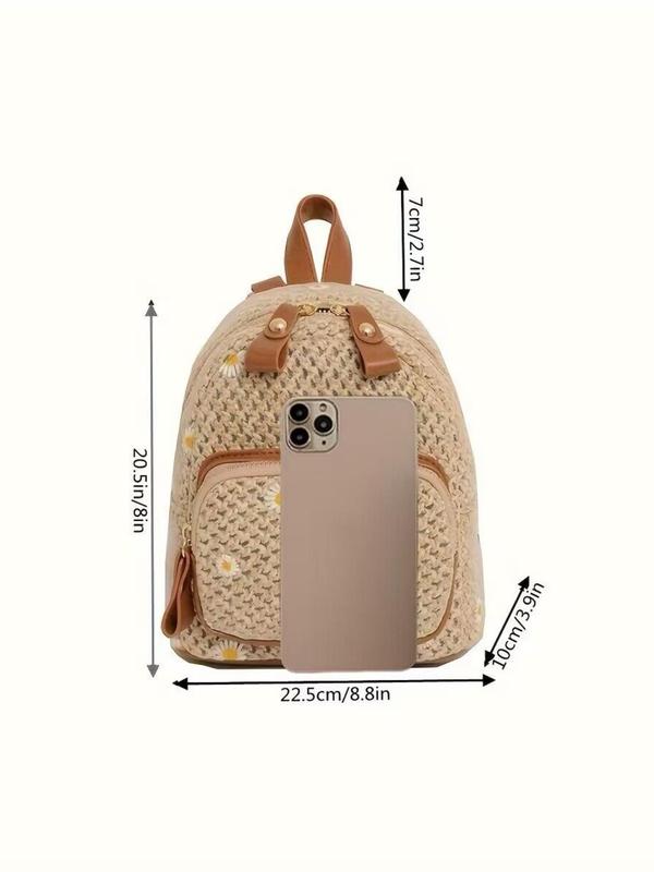 Women's Casual Trendy Flower Decorated Backpack with Zipper, Cute Colorblock Backpack with Braided Design, Fashionable Backpack for Daily & Travel