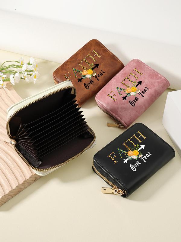 Fashion Letter & Flower Pattern Card Holder, Casual Versatile Zipper Card Holder for Women & Girls, Trendy All-match Short Wallet for Daily Use