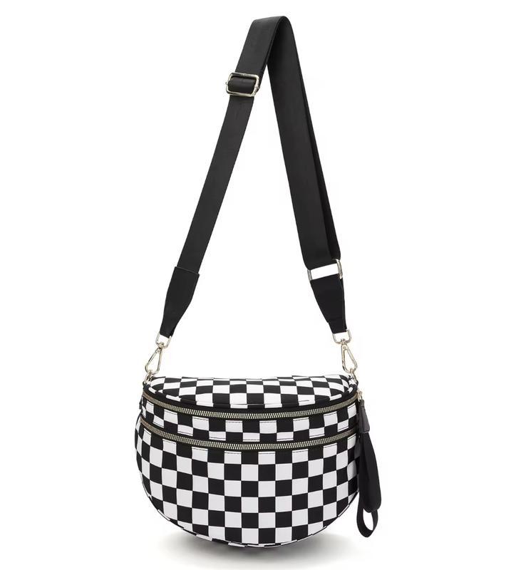 Black and White Checkered Nylon Bum Bag PlusSize Friendly Fanny Pack Crossbody-SpaciousDesign for Essentials-MORE COLORS! great gift