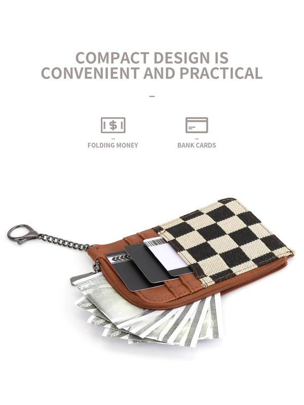 Checked Pattern Zipper Card Holder with Chain, Casual Versatile Card Holder for Women, Trendy All-match Card Holder for Daily Use