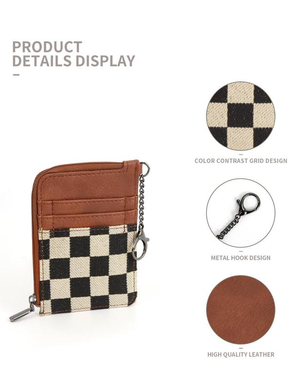 Checked Pattern Zipper Card Holder with Chain, Casual Versatile Card Holder for Women, Trendy All-match Card Holder for Daily Use