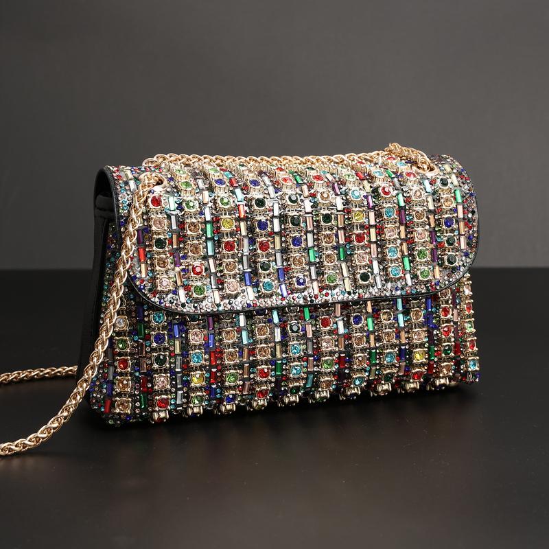 Colorful Rhinestone Crossbody Bag for women, Trendy Chain Shoulder Bag, Women's Luxury Shiny Handbag Prom Purse