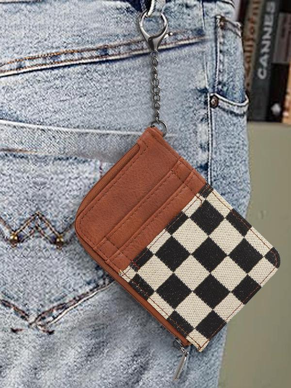 Checked Pattern Zipper Card Holder with Chain, Casual Versatile Card Holder for Women, Trendy All-match Card Holder for Daily Use