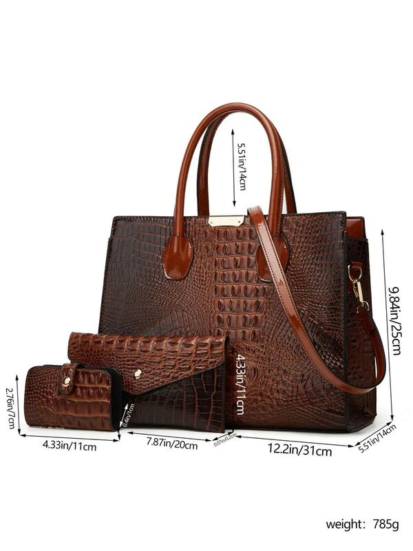 Women's Crocodile Embossed Tote Bag, Large Capacity Shoulder Work Bag & Wallet & Card Holder, Summer 2024 Long Wallet & Card Holder & Work Tote Bag for Women, Fall Outfits, Earthtone Fall Freshness Unique Everyday Designer Bags