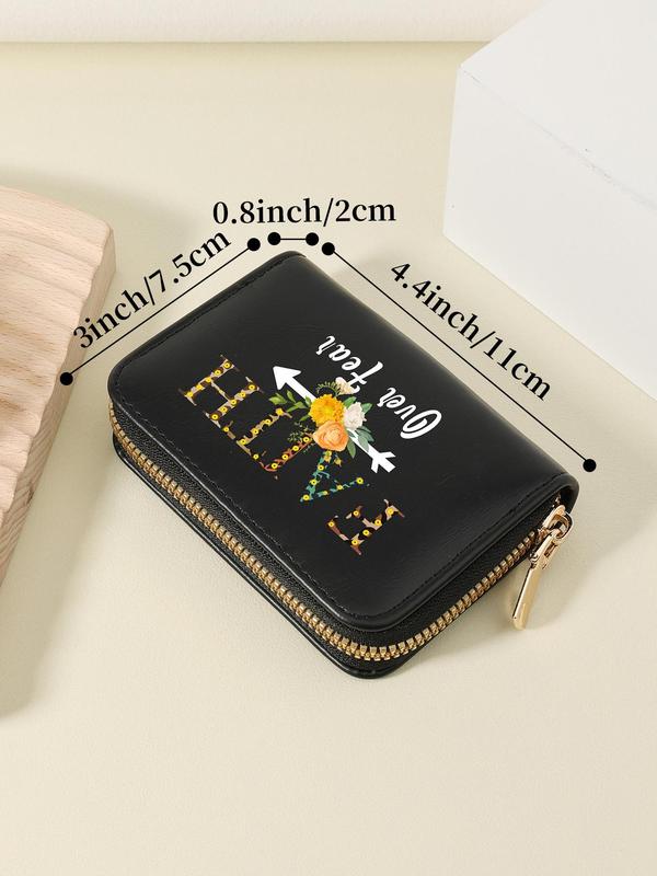 Fashion Letter & Flower Pattern Card Holder, Casual Versatile Zipper Card Holder for Women & Girls, Trendy All-match Short Wallet for Daily Use