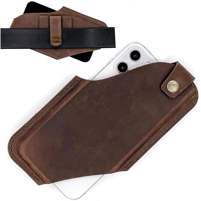 Leather Cell Phone Holster with Belt Clip, Leather Belt Phone Pouch, Universal Leather Phone Case on Belt, Phone Holder for , Cell Phone Sheath Large Dark Brown