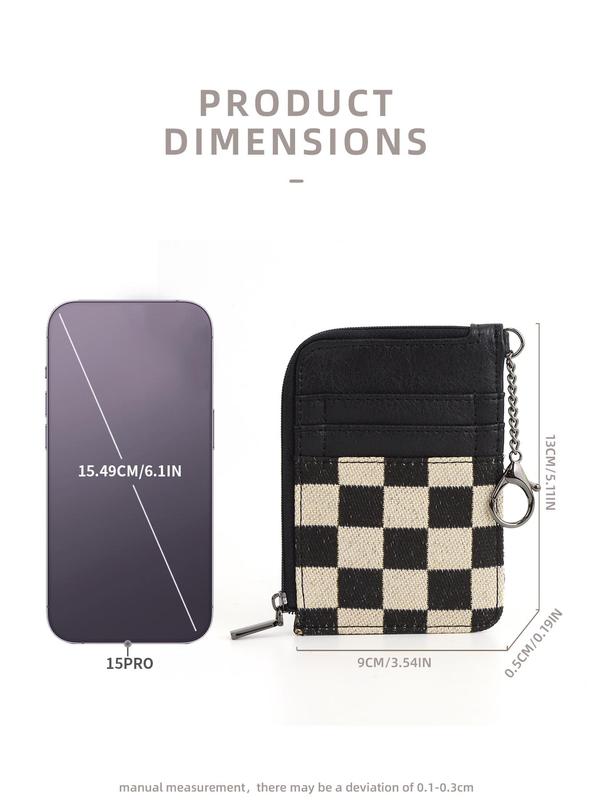 Checked Pattern Zipper Card Holder with Chain, Casual Versatile Card Holder for Women, Trendy All-match Card Holder for Daily Use