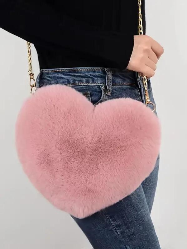 Women's Heart Shape Crossbody Bag, Fashion All-match Chain Strap Fluffy Crossbody Bag, Stylish Novelty Heart Shaped Plush Crossbody Bag for Daily Use Gift for Girlfriend