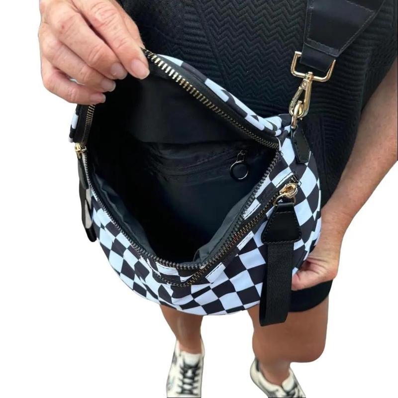 Black and White Checkered Nylon Bum Bag PlusSize Friendly Fanny Pack Crossbody-SpaciousDesign for Essentials-MORE COLORS! great gift