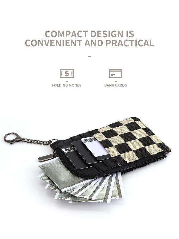 Checked Pattern Zipper Card Holder with Chain, Casual Versatile Card Holder for Women, Trendy All-match Card Holder for Daily Use