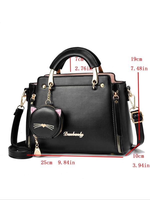 Cute Cat Charm Tassel Decorated Handbag & Coin Purse, Fashion Large Capacity Shoulder Bag & Coin Purse for Daily Used, Casual Trendy Versatile Commuting Bag