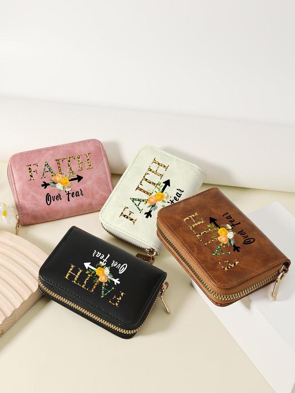 Fashion Letter & Flower Pattern Card Holder, Casual Versatile Zipper Card Holder for Women & Girls, Trendy All-match Short Wallet for Daily Use