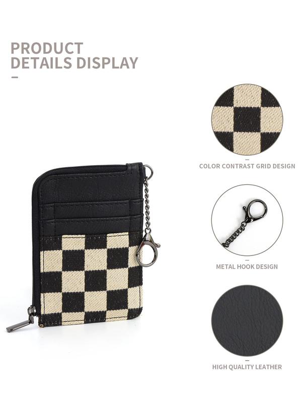 Checked Pattern Zipper Card Holder with Chain, Casual Versatile Card Holder for Women, Trendy All-match Card Holder for Daily Use