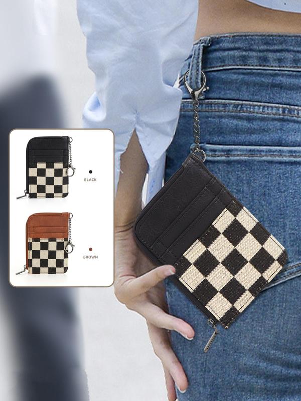 Checked Pattern Zipper Card Holder with Chain, Casual Versatile Card Holder for Women, Trendy All-match Card Holder for Daily Use