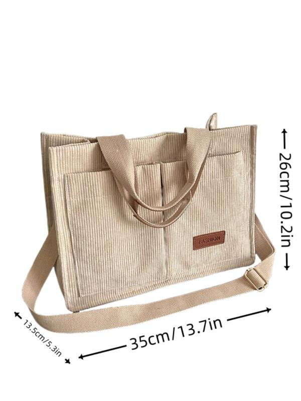 Women's Solid Color Corduroy Tote Bag, Large Capacity Shoulder Bag for Daily Life, Casual Trendy Versatile High-quality Daily Commuting Crossbody Bag