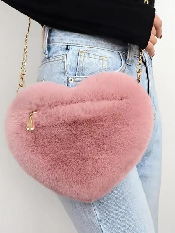 Women's Heart Shape Crossbody Bag, Fashion All-match Chain Strap Fluffy Crossbody Bag, Stylish Novelty Heart Shaped Plush Crossbody Bag for Daily Use Gift for Girlfriend