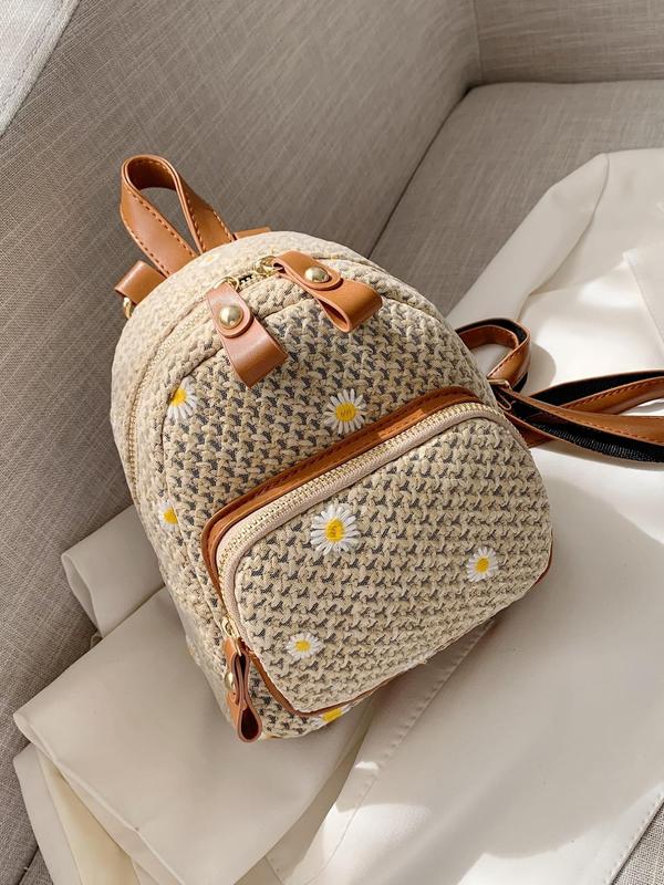 Women's Casual Trendy Flower Decorated Backpack with Zipper, Cute Colorblock Backpack with Braided Design, Fashionable Backpack for Daily & Travel