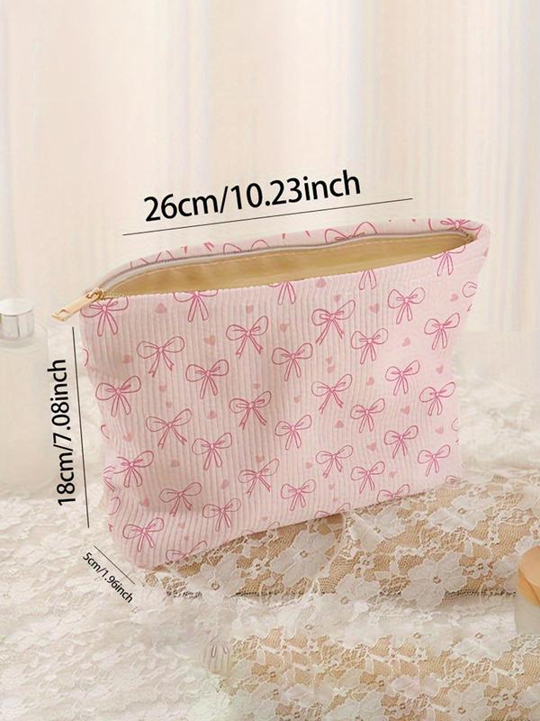 Cute Bow & Heart Pattern Corduroy Makeup Bag, Lightweight Portable Toiletry Bag, Multi-functional Storage Bag, Travel Makeup Bag, Suitable for Leisure Travel and Various Occasions