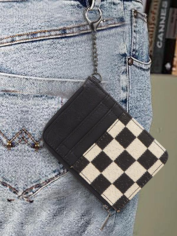 Checked Pattern Zipper Card Holder with Chain, Casual Versatile Card Holder for Women, Trendy All-match Card Holder for Daily Use