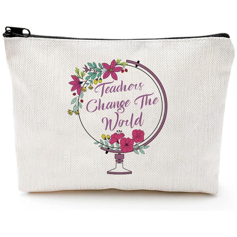 Teacher Change The World Print Cosmetics Bag, Travel Pouch Bag, Portable Versatile Cosmetic Bag, Toiletry Wash Bag For Women Gift For Teacher