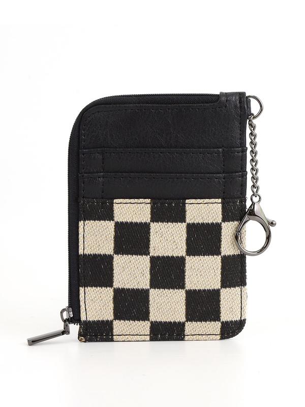 Checked Pattern Zipper Card Holder with Chain, Casual Versatile Card Holder for Women, Trendy All-match Card Holder for Daily Use