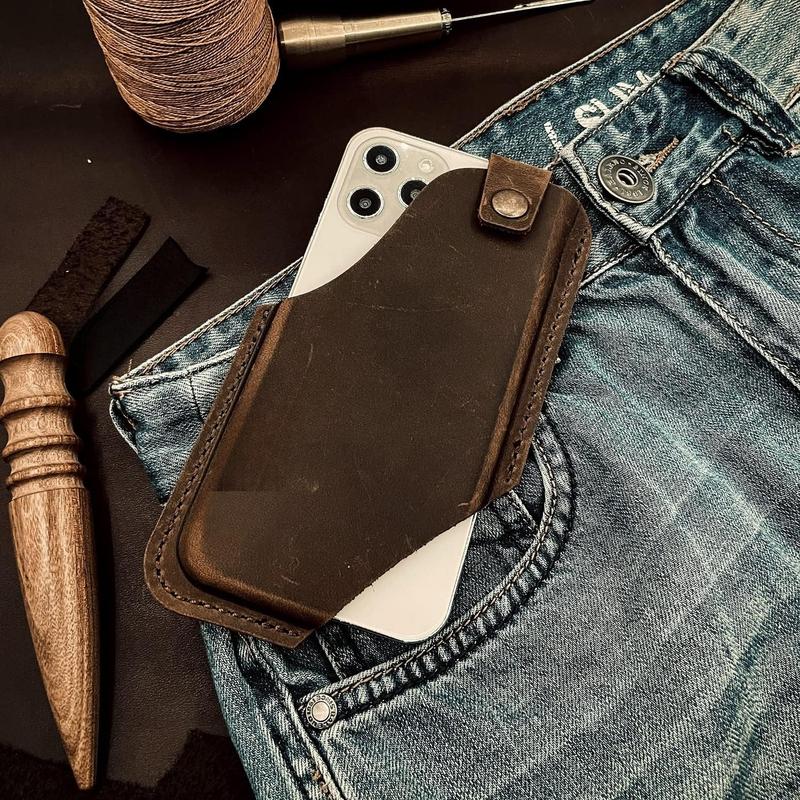 Leather Cell Phone Holster with Belt Clip, Leather Belt Phone Pouch, Universal Leather Phone Case on Belt, Phone Holder for , Cell Phone Sheath Large Dark Brown