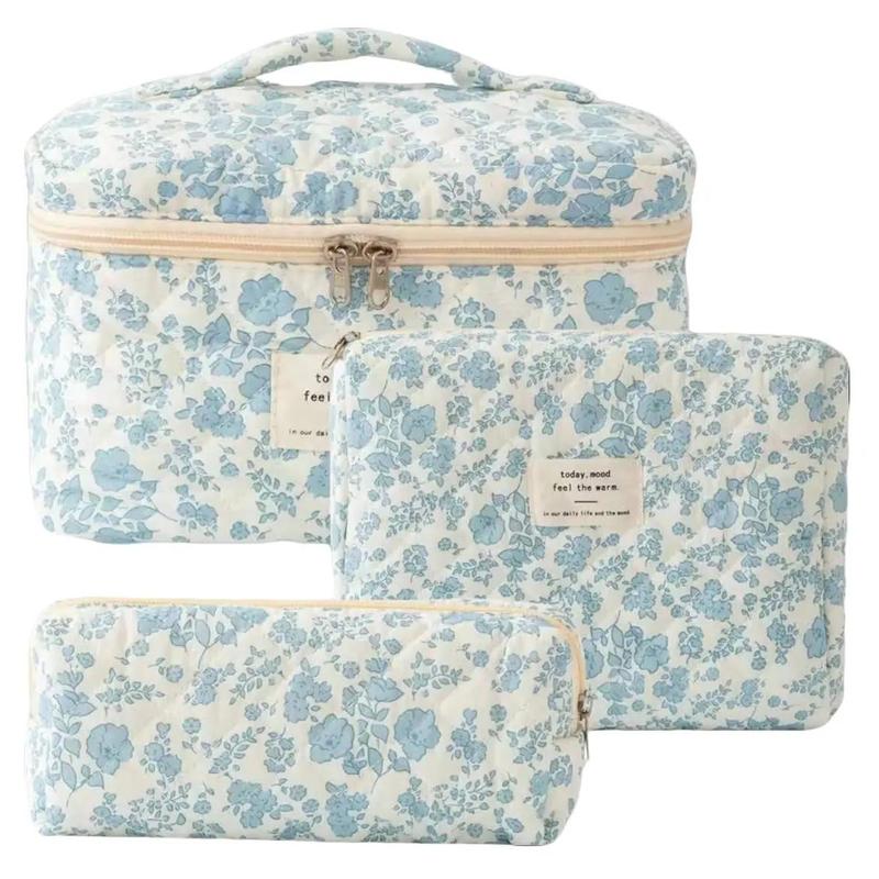 3Pcs Cotton Quited Makeup Bag Set, Quilted Makeup Bag, Large Floral Cosmetic Bag for Women, Cute Cotton Makeup Bags, Flower Travel Toiletry Organizer Bag makeupbag set lip balm