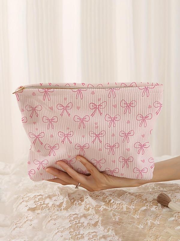 Cute Bow & Heart Pattern Corduroy Makeup Bag, Lightweight Portable Toiletry Bag, Multi-functional Storage Bag, Travel Makeup Bag, Suitable for Leisure Travel and Various Occasions