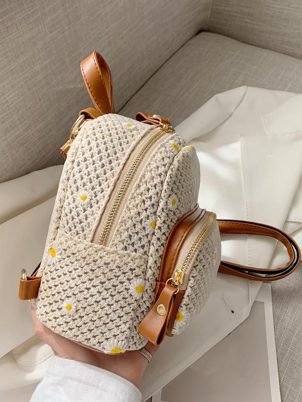 Women's Casual Trendy Flower Decorated Backpack with Zipper, Cute Colorblock Backpack with Braided Design, Fashionable Backpack for Daily & Travel