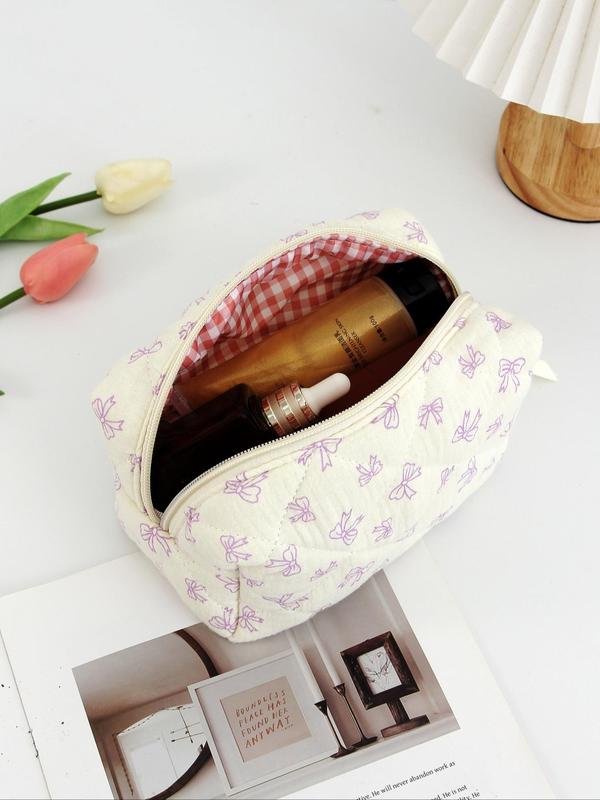 Cute Bowknot Pattern Makeup Bag, Quilted Design Cosmetic Bag with Zipper, Makeup Organizer Storage Bag, Travel Storage Bag for Women & Girls