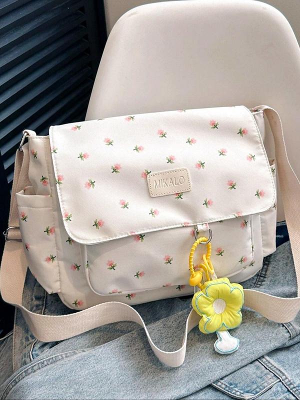 Women's Ditsy Floral Print Shoulder Bag with Random Cute Pendant, Fashionable Crossbody Bag, Side Pockets Messenger Bag for Women, Casual Trendy Versatile High-quality Daily Commuting Bag