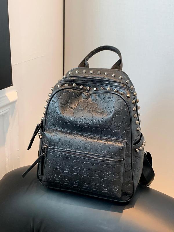 Fashionable Rivet Decor Skull Embossed Pu Leather Backpack, Casual Versatile Zipper Backpack, Simple All-match Backpack for Daily Life