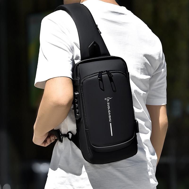 Men's casual letter pattern double zipper Pu large-capacity bag with password lock, waterproof travel business chest bag, men's daily simple and versatile cross-body bag