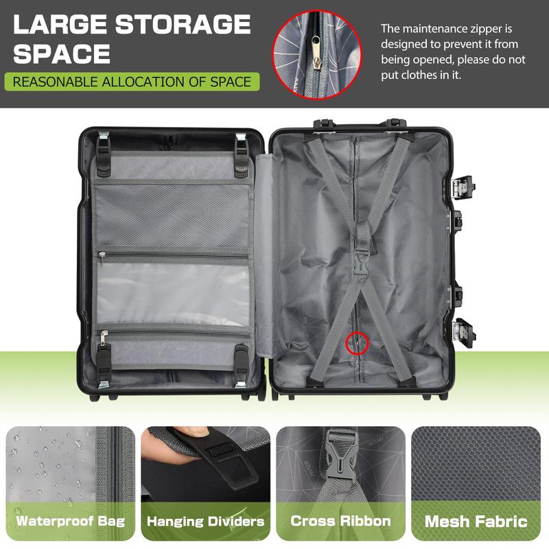 Carry On Luggage Aluminium Frame, PC ABS Hard Shell, Suitcases with Wheels, TSA Lock, No Zipper