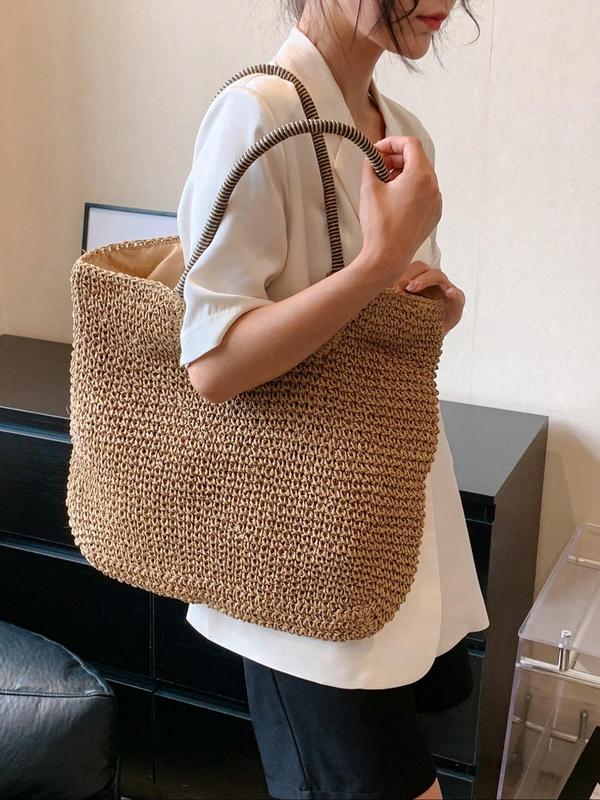 Women's Boho Style Solid Color Tote Bag, Summer 2024 Large Capacity Straw Shoulder Bag, Casual Trendy Versatile Shoulder Bag for Summer Beach Vacation