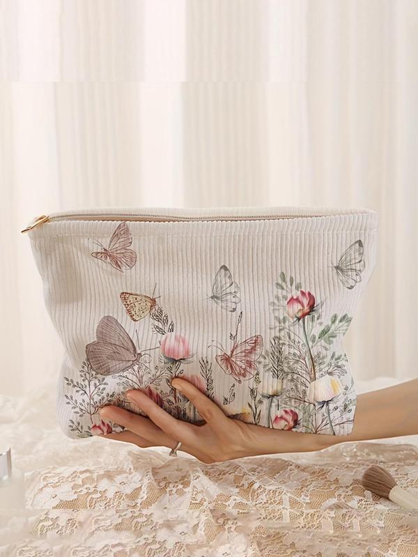 Butterfly & Floral Pattern Corduroy Cosmetic Bag, Lightweight Multi-functional Fashion Leisure Cosmetic Bag, Travel Cosmetic Bag, Suitable for Leisure Travel