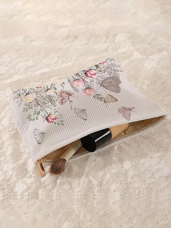 Butterfly & Floral Pattern Corduroy Cosmetic Bag, Lightweight Multi-functional Fashion Leisure Cosmetic Bag, Travel Cosmetic Bag, Suitable for Leisure Travel