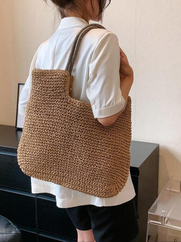 Women's Boho Style Solid Color Tote Bag, Summer 2024 Large Capacity Straw Shoulder Bag, Casual Trendy Versatile Shoulder Bag for Summer Beach Vacation