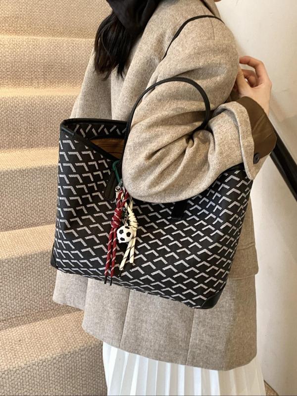 Women's Fashionable Geometric Pattern Tote Bag with Charm, Casual Large Capacity Shoulder Bag for Daily Used, Trendy All-match Bag for Commute, Work, Travel