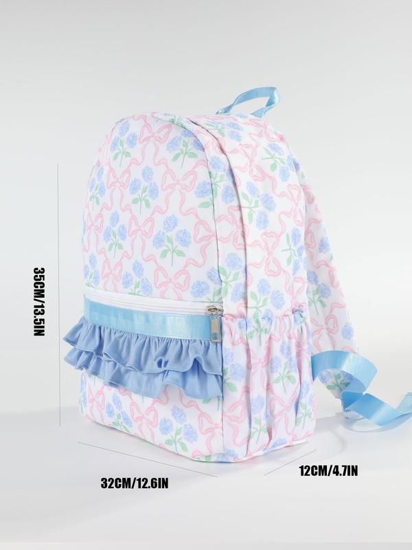 Floral & Bow Pattern Ruched Design Backpack, Casual Large Capacity Backpack for Women & Girls, Fashionable Backpack for Daily Use Travel Backpack