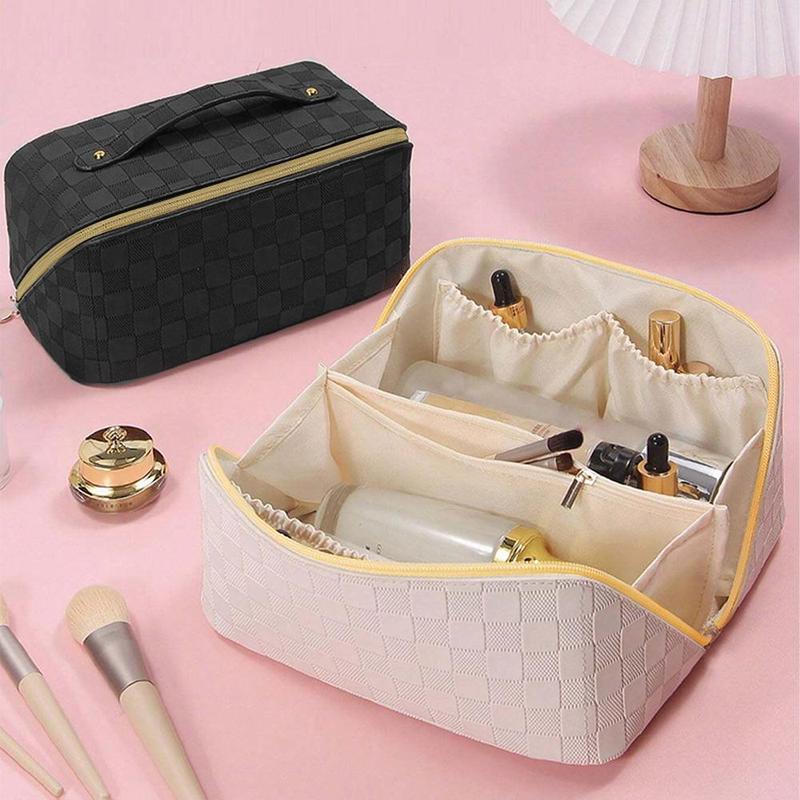 Large Capacity Chessboard Cosmetic Bag, Portable Toiletry Bag with Separator & Handle, Waterproof Cosmetic Bag, Makeup Brush Lipstick Storage Bag