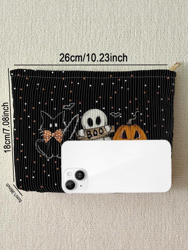 Cat & Ghost & Pumpkin Pattern Makeup Bag, Casual Fashion Multi-functional Storage Bag, Travel Makeup Bag, Suitable for Women & All Kinds Of Occasions As Halloween Gift