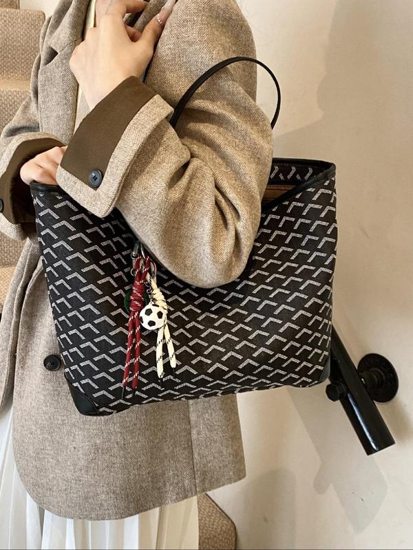 Women's Fashionable Geometric Pattern Tote Bag with Charm, Casual Large Capacity Shoulder Bag for Daily Used, Trendy All-match Bag for Commute, Work, Travel